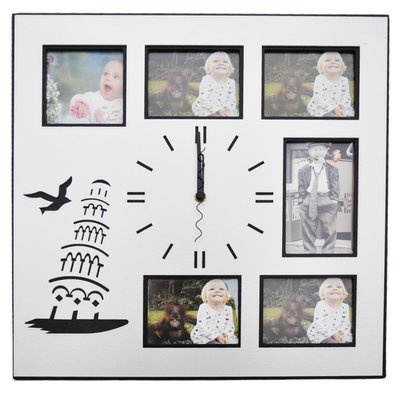 Kwadratowy zegar z okienkami na zdjęcia lub obrazki - Wieża - srebrny