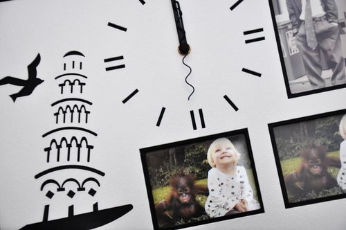 Kwadratowy zegar z okienkami na zdjęcia lub obrazki - Wieża - srebrny