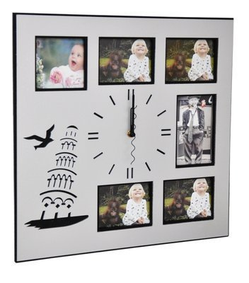 Kwadratowy zegar z okienkami na zdjęcia lub obrazki - Wieża - srebrny