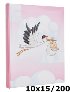 Album na zdjęcia w rozmiarze 10x15 - 200 zdjęć do wsuwania - 10x15/200 STORK - różowo-biały - bocian