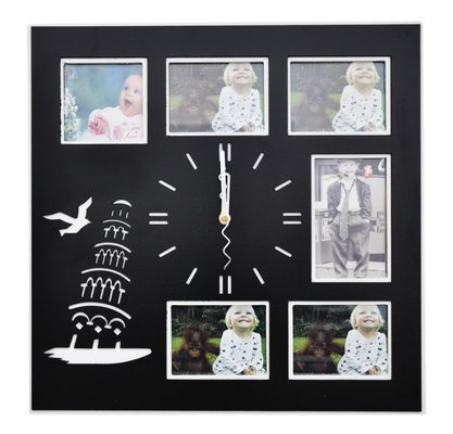 Kwadratowy zegar z okienkami na zdjęcia lub obrazki - Wieża - czarny