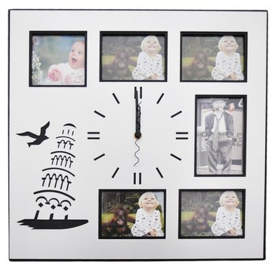 Kwadratowy zegar z okienkami na zdjęcia lub obrazki - Wieża - srebrny