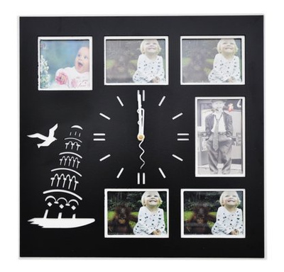 Kwadratowy zegar z okienkami na zdjęcia lub obrazki - Wieża - czarny