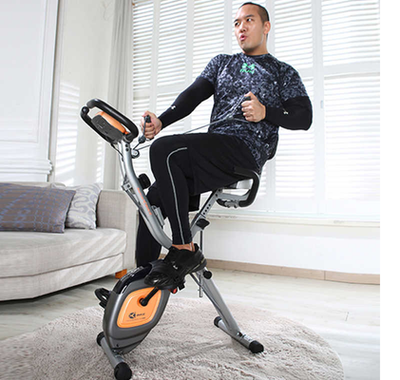 Rower stacjonarny dla seniora - magnetyczny - składany, magnetyczny, z pomiarem pulsu i półką - kolor biało fioletowy