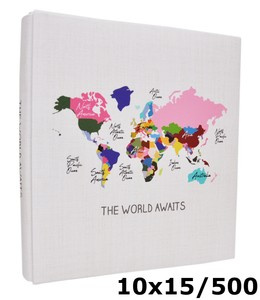 Album na 500 zdjęć do wsuwania w formacie 10x15 cm - 10x15/500 ART 10 - biały - ekoskóra - czarne kartki - mapa świata